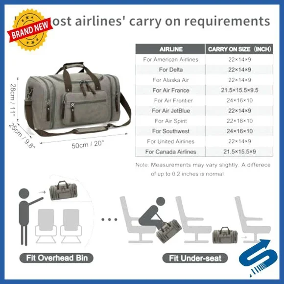 Expandable Canvas Weekender Duffel Lightweight Carry-On Travel Bag 3-5 Day Trips